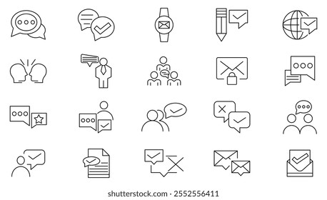 Conversation line icon set. Problem, ask, faq, confusion, talk, people, man, user, dialog, chat, agreement, documentation, quote line icon set. UI thin line icon pack.