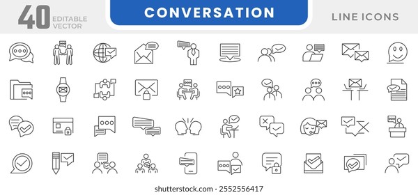 Conjunto de iconos de línea de conversación. Problema, pregunta, preguntas frecuentes, confusión, conversación, personas, hombre, usuario, diálogo, chat, Acuerdo, documentación, conjunto de iconos de línea de cita. Paquete de iconos de línea delgada de interfaz de usuario.