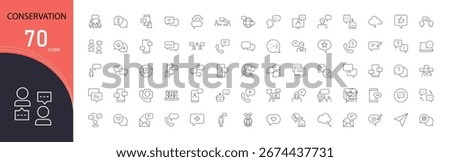 Conversation Line Icons Set. Collection of 30 outline icons representing communication, dialogue, discussion, messaging, interaction, speech, collaboration, and social exchange. Outline icons.