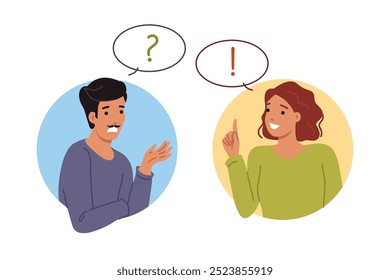 Conversation man and woman discussing important question together to find correct answer and solve problem. Girl with smile advises guy during conversation, wanting to help friend cope with failures