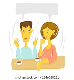 A conversation of a man and a woman at the table. People talk and drink coffee. Cartoon flat style. Isolated vector.