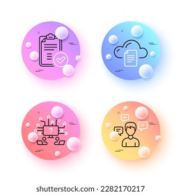 Conversation messages, Approved report and File storage minimal line icons. 3d spheres or balls buttons. Teamwork question icons. For web, application, printing. Vector