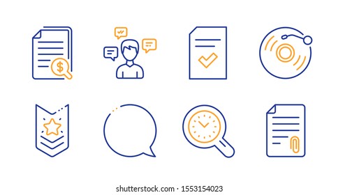 Conversation messages, Financial documents and Time management line icons set. Shoulder strap, Checked file and Vinyl record signs. Speech bubble, Attachment symbols. Vector