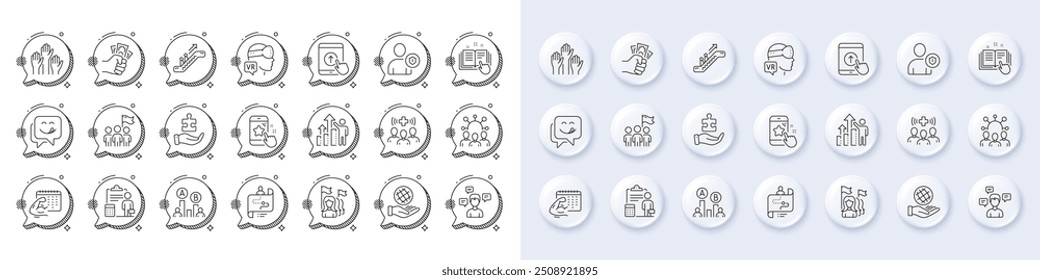 Conversation messages, Fitness calendar and Safe planet line icons. White pin 3d buttons, chat bubbles icons. Pack of Escalator, Squad, Security icon. Feminism, Journey path, Fraud pictogram. Vector