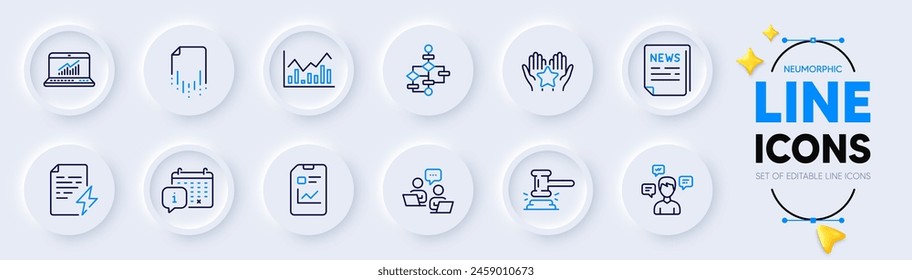 Conversation messages, Ranking and Recovery file line icons for web app. Pack of Power certificate, Report document, Block diagram pictogram icons. Online statistics, Fake news, Teamwork signs. Vector