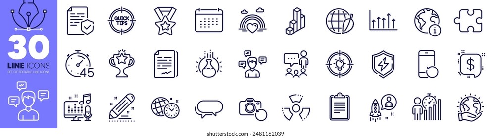 Conversation messages, Victory and Podcast line icons pack. Environment day, People chatting, Tips web icon. Payment message, Lgbt, Chemistry experiment pictogram. Puzzle, Certificate, Idea. Vector