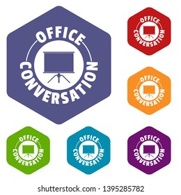 Conversation office icons vector colorful hexahedron set collection isolated on white 