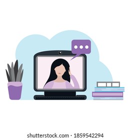 A conversation on the Internet. Remote conversation using a computer. Vector illustration isolated on a white background for design and web in a simple flat style.