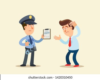 Conversation of a policeman with a man. Serious cop and confused person. Vector illustration, flat cartoon style. Isolated background.