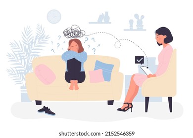 Conversation of professional psychologist and patient in office. Woman counseling sad girl sitting on sofa and talking about problem flat vector illustration. Mental health, psychology concept