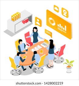 Conversation at the round table in the office. Business brainstorming 3d concept. Isometric vector illustration.