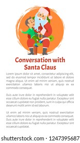 Conversation with Santa vector poster. Merry Christmas postcard with Saint Nicholas and little boy. Kid tells dreams to Father Frost, making wishes vector