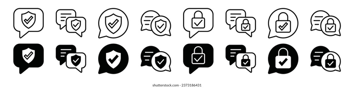 Iconos de la línea delgada de seguridad de la conversación. Símbolo de icono de seguridad y protección de chat. Burbuja de voz o con protector, candado, símbolo de icono de marca de verificación. Ilustración del vector