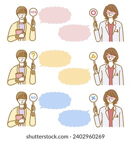 Conversation set between a female doctor wearing a white coat and glasses (questions and answers)