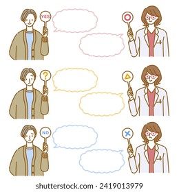 Conversation set (questions and answers) between a female doctor wearing a white coat and glasses and a menopausal woman