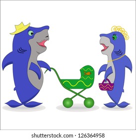 Conversation of sharks. Couple of sharks with baby vector illustration