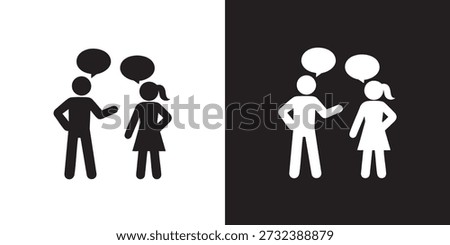 Conversation Silhouette Icon – Man Pointing and Woman Responding with Speech Bubbles in Black and White