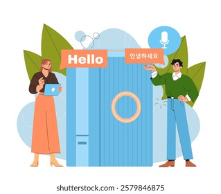 Conversation with smart column. Man and woman near large speaker. Dynamic sound equipment. Future technologies and innovations. Modern audio device. Flat vector illustration