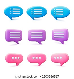 Conversation speech bubbles 3d design. Message bubble, different text balloons for feedback, text or comment. Isolated clouds bot chat pithy vector set