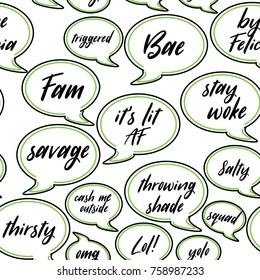 Conversation speech bubbles of current teen or millennial slang seamless repeating background. Phrases include bae, stay woke, triggered, lol, yolo, salty, cash me outside and fam.