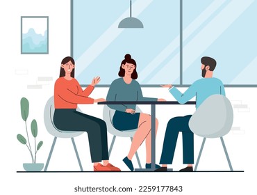 Conversation at table. Man and woman communicate and interact. Brainstorming, idea and insight. Partners and colleagues working on common project, business meeting. Cartoon flat vector illustration