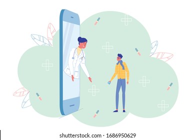 Conversación con Terapia a través de Aplicación. Hombre enfermo con bufanda alrededor del Cuello y pañuelo en mano de gran Smartphone. Un buen doctor habla con un paciente para entender su enfermedad.