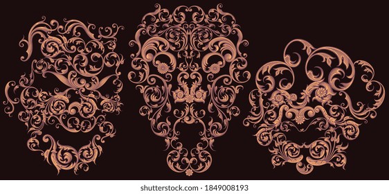 Conversation of three. Decorative patterned masks. Hand drawn engraving. Editable vector vintage illustration. Isolated on black background. 8 EPS