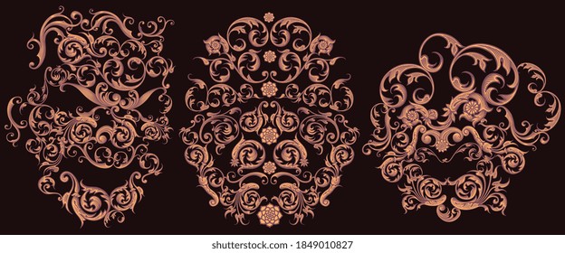 Conversation of three. Decorative patterned masks. Hand drawn engraving. Editable vector vintage illustration. Isolated on black background. 8 EPS