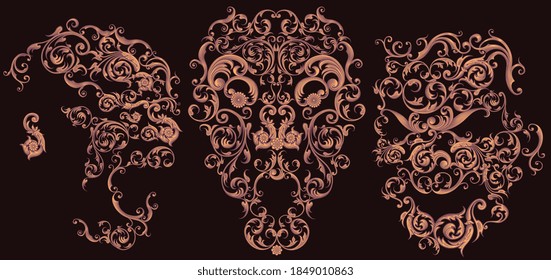 Conversation of three. Decorative patterned masks. Hand drawn engraving. Editable vector vintage illustration. Isolated on black background. 8 EPS