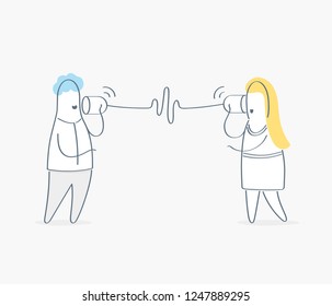 Conversation through wire connection, stretched wire between two people with wave form or transmission in middle. Communication, networking, social media, internet communication. Outline vector