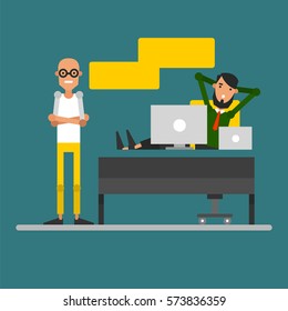 The conversation of two businessmen in the workplace. Meeting cartoon characters. Vector illustration on a colored background.