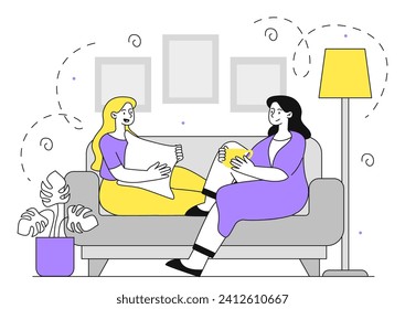 Conversation two girls indoor linear concept. Two young girls sitting at sofa. Comfort and coziness at home. Friendly chat. Doodle flat vector illustration isolated on white background