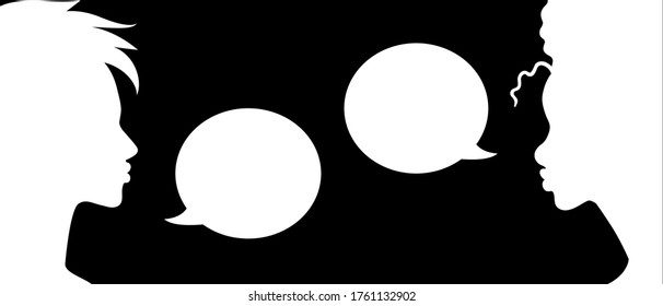 Conversation - two woman black and white having a dialog. Two persons profile with chat bubble. Vector illustration.