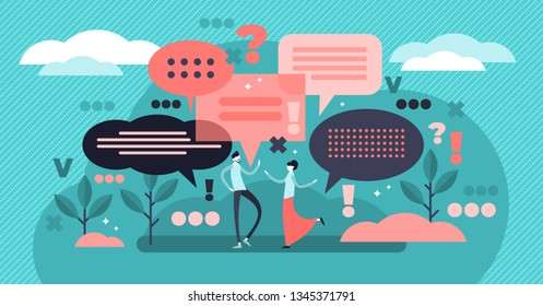 Conversation vector illustration. Flat tiny talking bubble persons concept. Social discussion to express thoughts verbal. Abstract idea dialog communication. Face to face questions and answers meeting