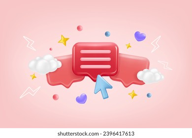 Conversational 3D app. Blank speech bubble red blog. Blue cursor arrow. Cartoon business concept for online communication. Messenger digital application. Dialog render frame. Vector design background