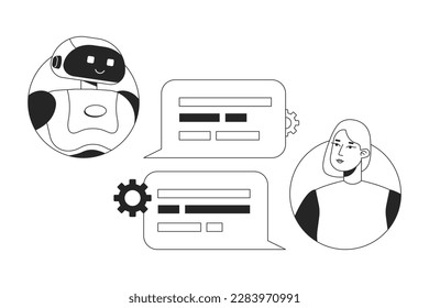 Conversational AI chatbot black and white concept vector spot illustration. Editable 2D flat monochrome cartoon characters for web design. Virtual tool line art idea for website, mobile, blog