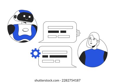 Conversational AI chatbot duo color line concept vector spot illustration. Editable 2D flat duotone cartoon characters on white for web design. Virtual tool creative idea for website, social media