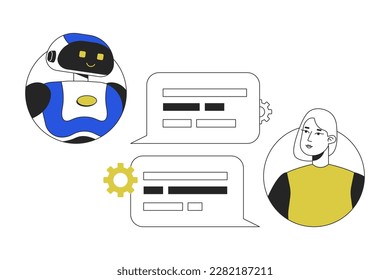 Conversational AI chatbot line concept vector spot illustration. Editable 2D flat colour cartoon characters on white for web design. Virtual tool creative lineart idea for website, mobile, blog