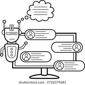 Concepto conversacional de IA y chatbots, Manejo de solicitudes múltiples por diseño de íconos de Vector de robots, Ilustración de stock de automatización de IA