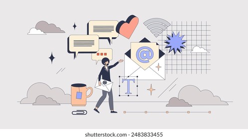 Conversational email marketing with ads tiny person neubrutalism concept. Customer advertisement approach for authentic relationship that engages clients with personal messages vector illustration.