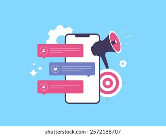 Conversational Marketing with AI Chatbots. Create engaging, personalized conversations with customers using AI agents chatbots. Chatbot interacting with users via messaging apps vector illustration