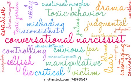 Conversational Narcissist word cloud on a white background. 