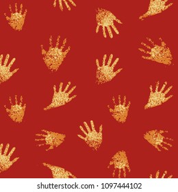 Conversational pattern with primitive art hands motif design in saturated red and orange colors