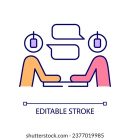 Conversational podcast format RGB color icon. Live streaming. Talk show. Entertaining content. Isolated vector illustration. Simple filled line drawing. Editable stroke. Arial font used