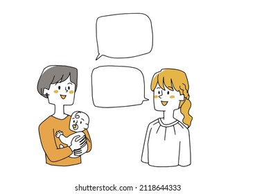 Conversing mom friend, comical handwritten person illustration, simple coloring on vector line drawing