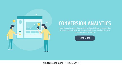 Conversion analytics, Conversion marketing, Digital business success flat vector banner with characters and icons