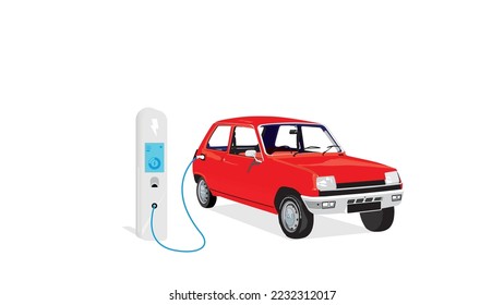 Conversión de coche clásico en vehículo eléctrico. Coche con motor convertido a vehículo eléctrico. Vehículo eléctrico cargado en la estación de carga.