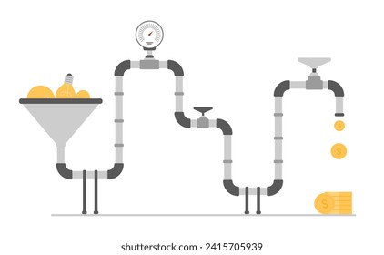 Conversion creative ideas into money with innovation machine, startup opportunity to earn money by motenization. Light bulbs in funnel converts to coins flowing through tap cartoon vector illustration