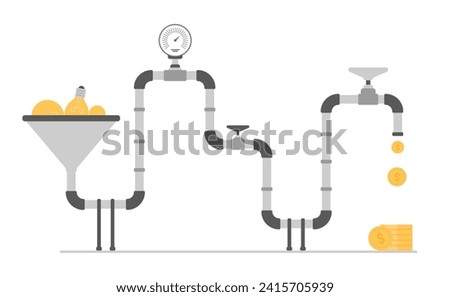 Conversion creative ideas into money with innovation machine, startup opportunity to earn money by motenization. Light bulbs in funnel converts to coins flowing through tap cartoon vector illustration