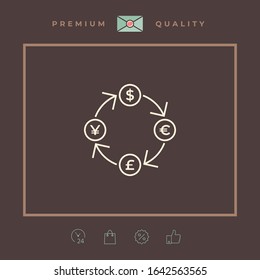 Conversion, currency exchange - with symbols of dollar, pound sterling, yen and euro - line icon